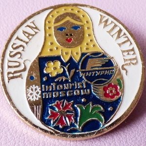 Vintage Moscow USSR Russian Winter Intourist Matrioshka doll enamel Pin Lapel